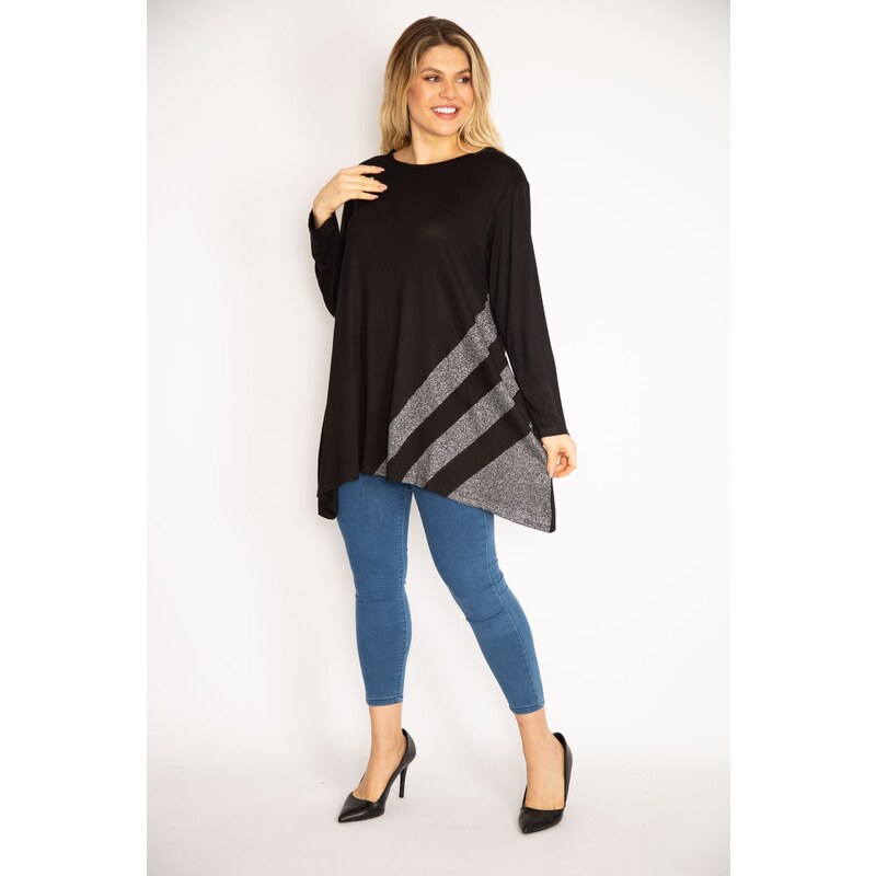 Şans Women's Plus Size Black Shine Detailed Tunic