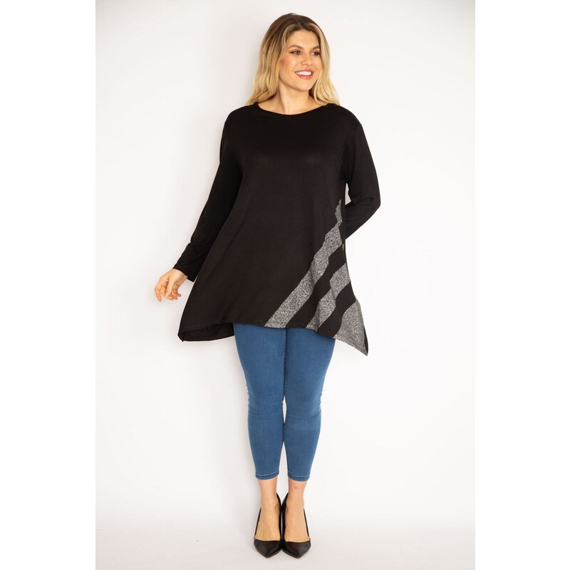 Şans Women's Plus Size Black Shine Detailed Tunic