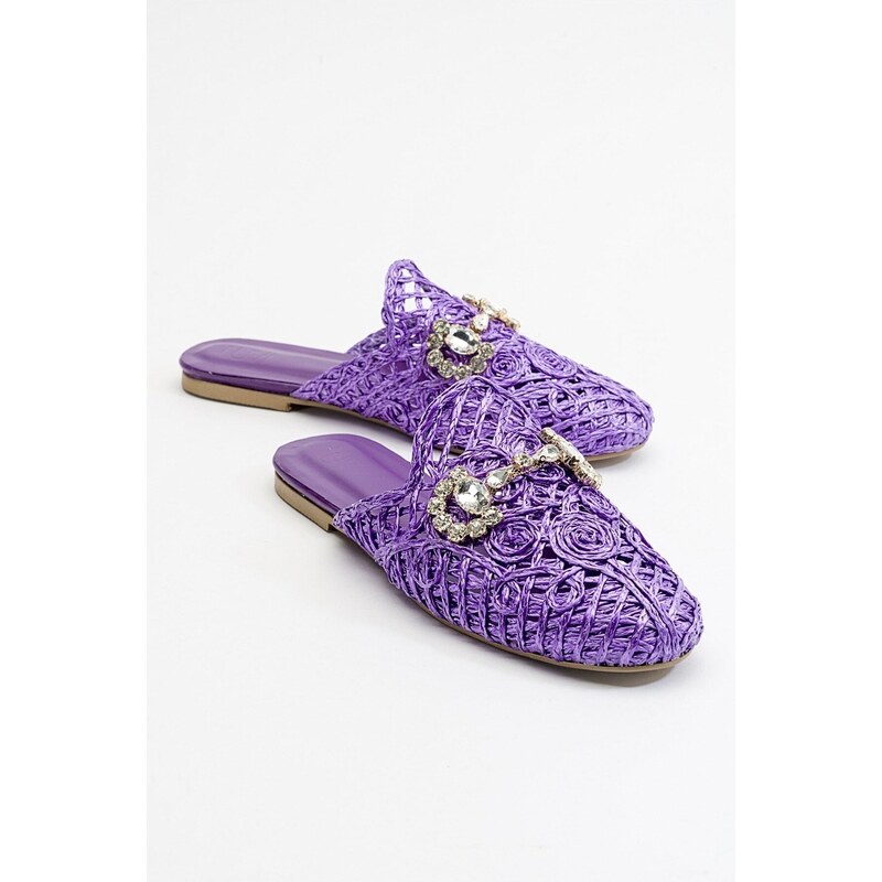 LuviShoes Noble Women's Slippers From Genuine Leather With Purple Knitted Stones.