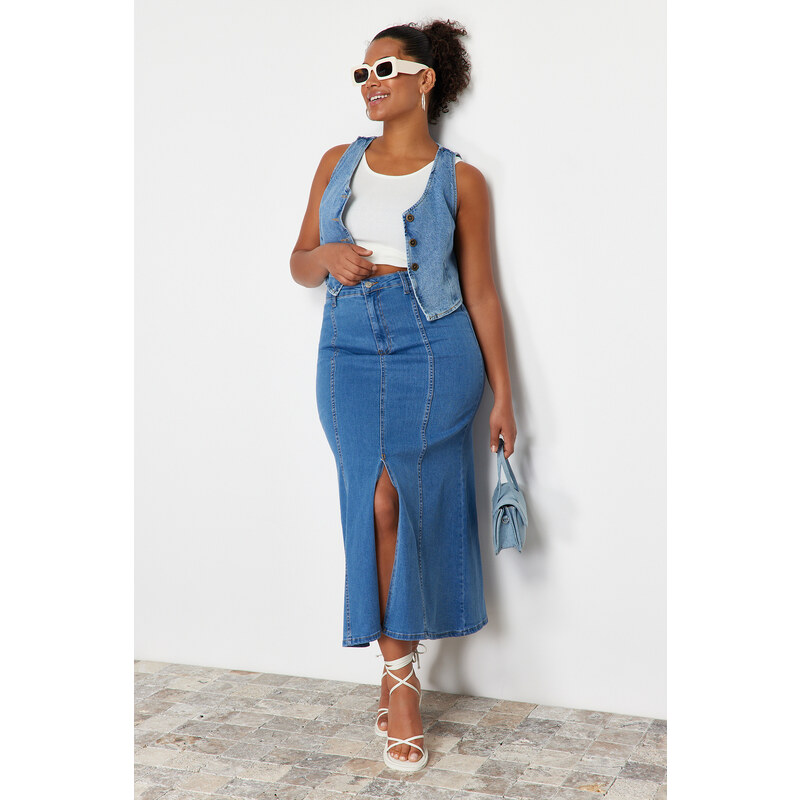 Trendyol Curve Blue Front Slit Detailed Midi Denim Skirt