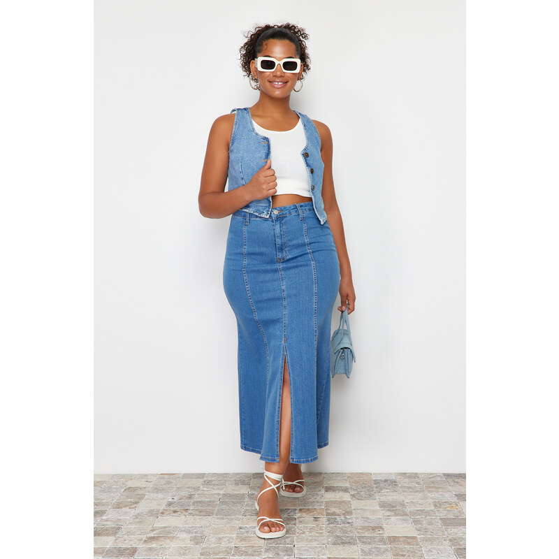 Trendyol Curve Blue Front Slit Detailed Midi Denim Skirt