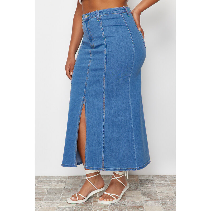 Trendyol Curve Blue Front Slit Detailed Midi Denim Skirt