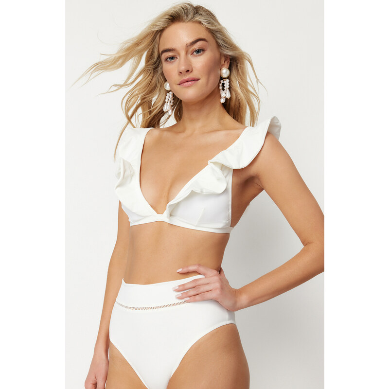 Trendyol Svatební Krémový Trojúhelníkový Volánkový Bikiny Top