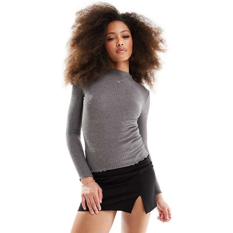 ONLY lettuce edge high neck ribbed top in dark grey melange