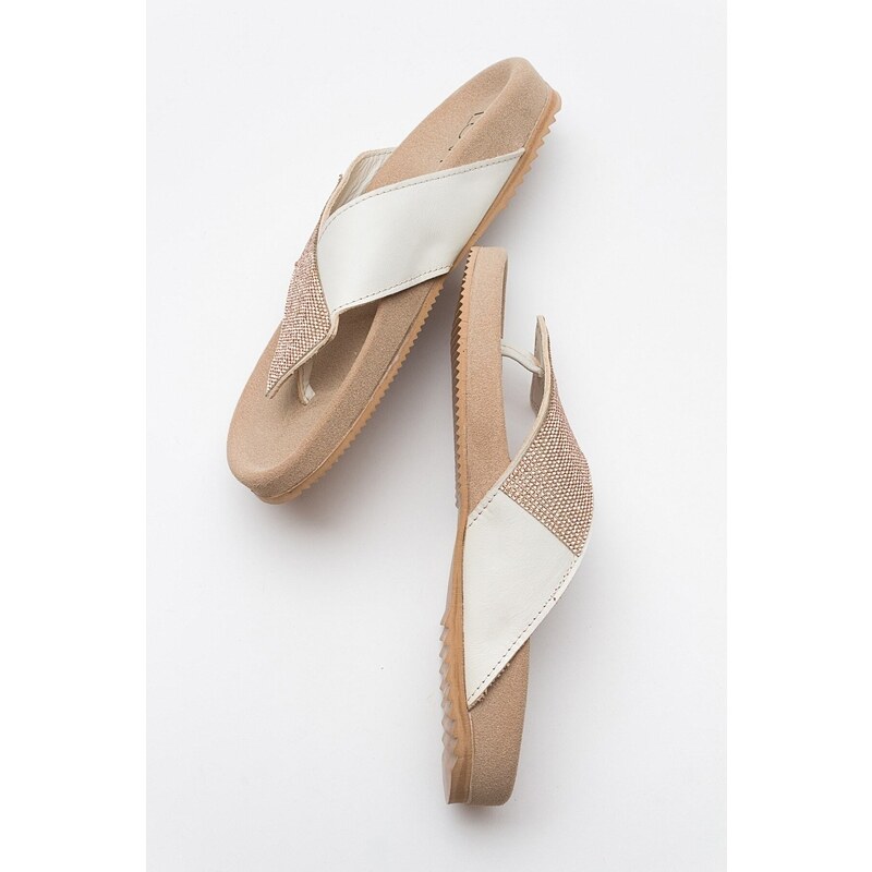 LuviShoes BEEN Women's Cream Stone Leather Flip-Flops