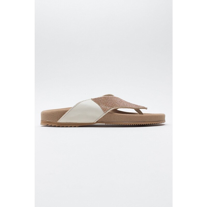 LuviShoes BEEN Women's Cream Stone Leather Flip-Flops