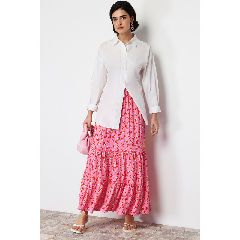 Trendyol Pink Floral Patterned Woven Skirt