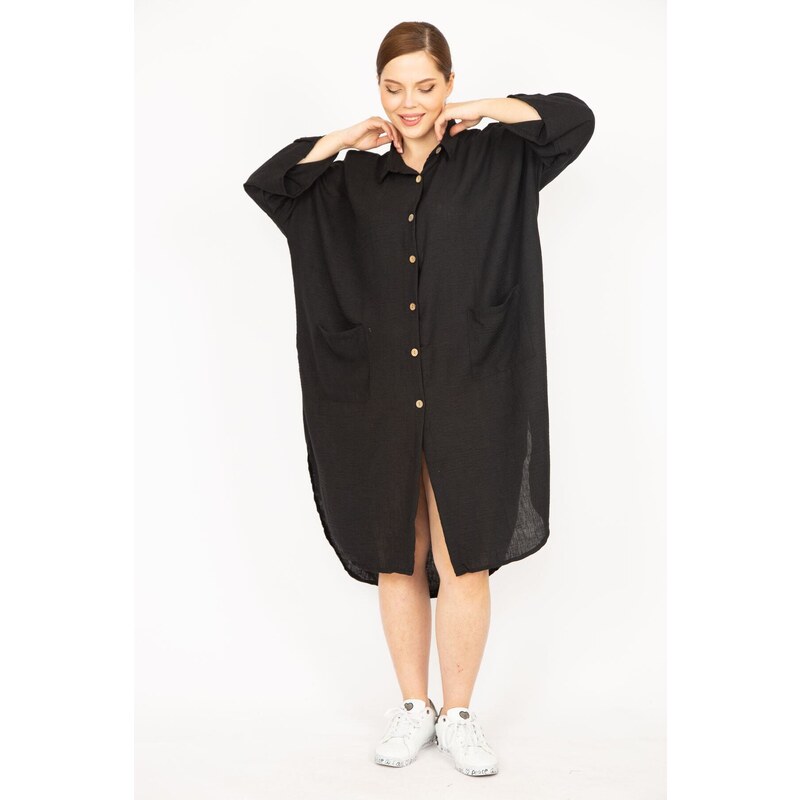 Şans Women's Black Plus Size Relaxed Cut, Buttoned Shirt Collar Dress