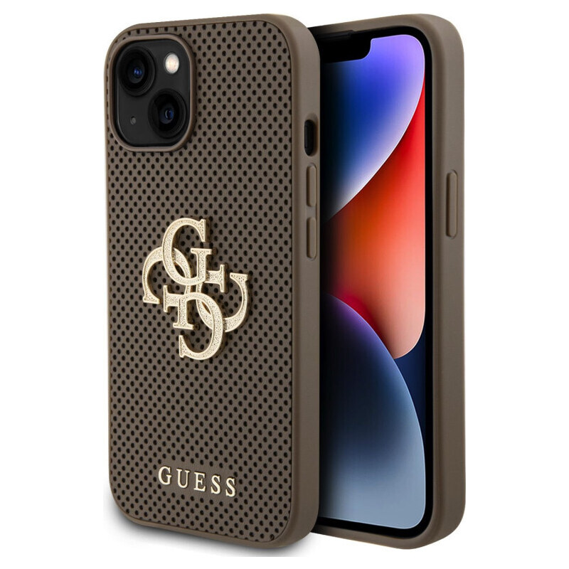 Guess PU Perforated 4G Glitter Metal Logo Zadní Kryt pro iPhone 15 Taupe