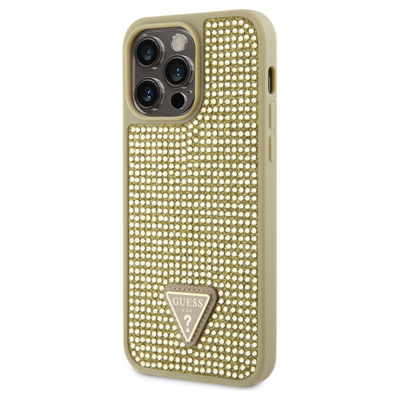 Guess Rhinestones Triangle Metal Logo Kryt pro iPhone 14 Pro Max zlatá