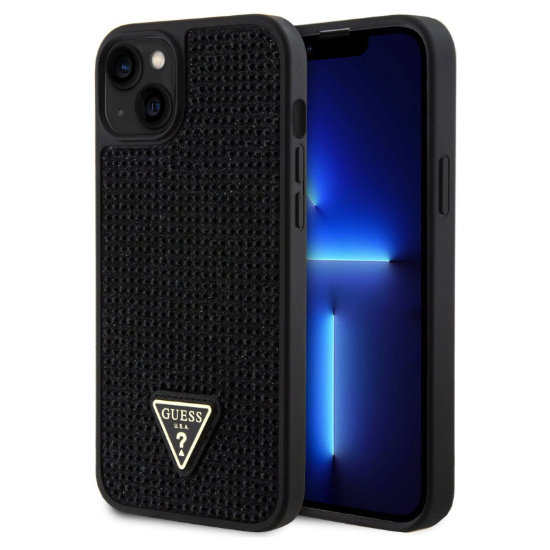 Guess Rhinestones Triangle Metal Logo Kryt pro iPhone 15 Plus černá