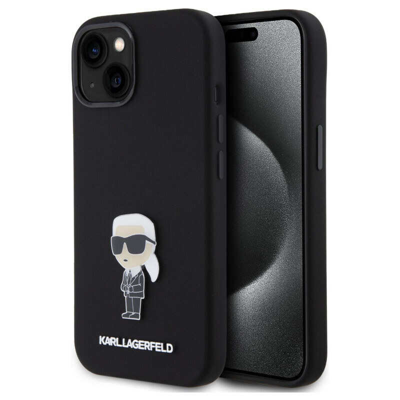 Karl Lagerfeld Liquid Silicone Metal Ikonik Zadní Kryt pro iPhone 15 černá