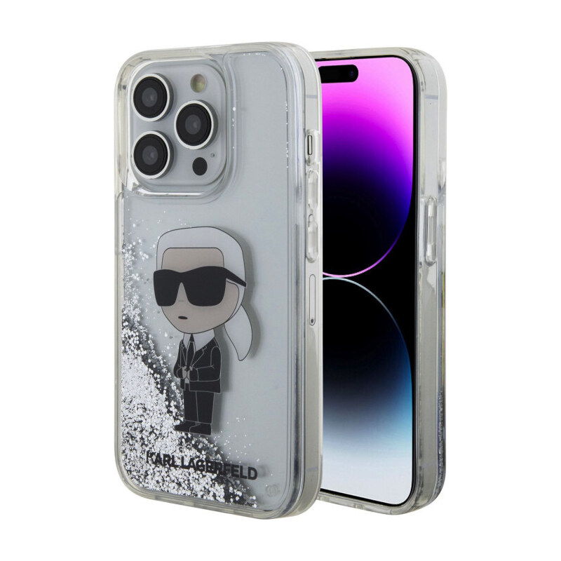 Karl Lagerfeld Liquid Glitter Karl Head Zadní Kryt pro iPhone 15 Pro stříbrná