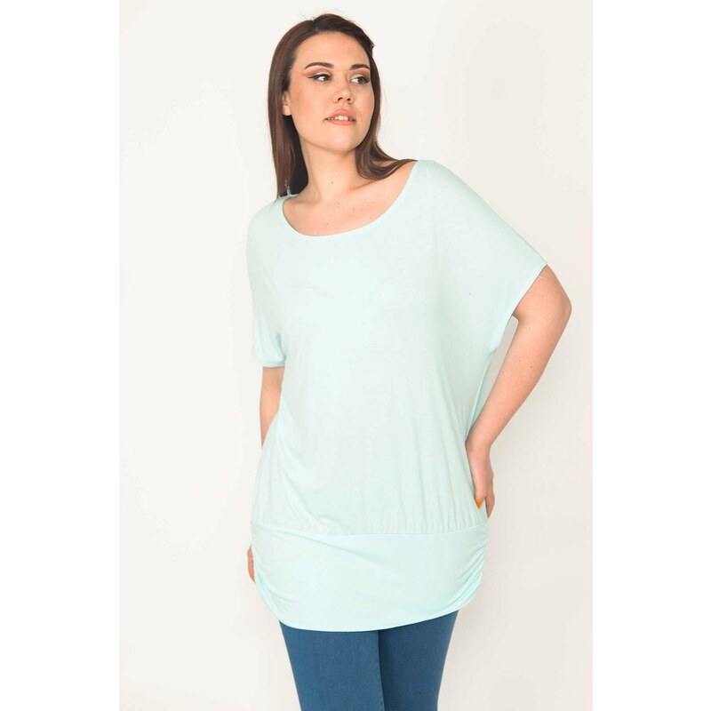 Şans Women's Plus Size Cyan Green Crew Neck Hem Tape Low Sleeve Tunic