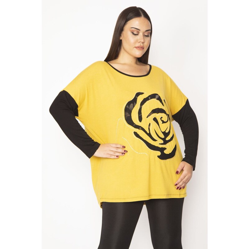 Şans Women's Plus Size Mustard Front Flocked Pattern And Stone Detailed Two-tone Tunic