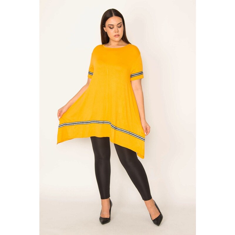 Şans Women's Plus Size Mustard Stripe Detailed Asymmetric Tunic