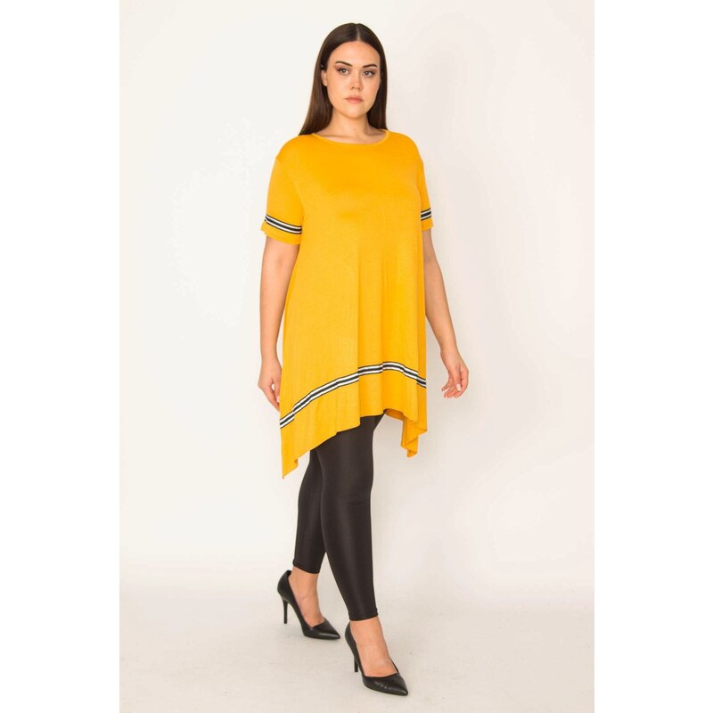 Şans Women's Plus Size Mustard Stripe Detailed Asymmetric Tunic