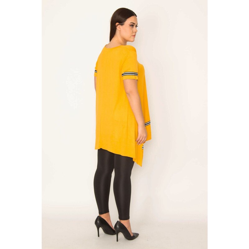 Şans Women's Plus Size Mustard Stripe Detailed Asymmetric Tunic