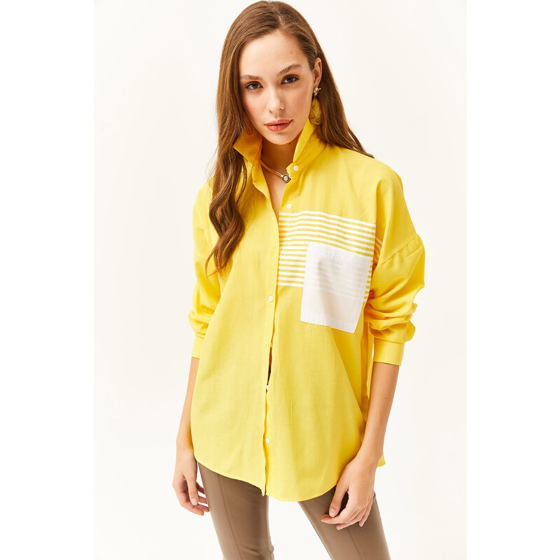 Olalook Women's Yellow Pocket Detailed Oversize Woven Shirt