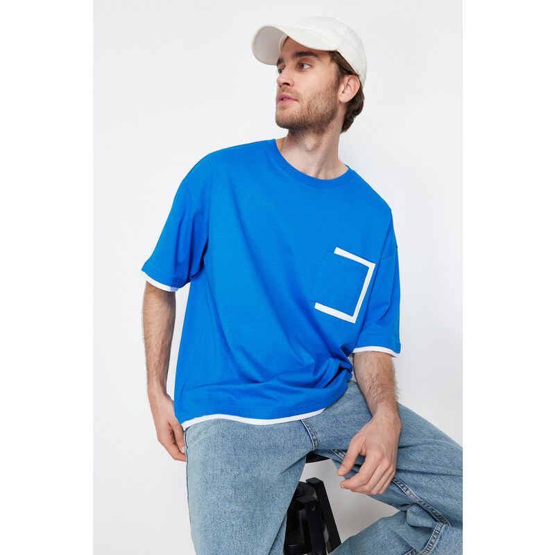 Trendyol Blue Oversize Pocket Color Block 100% Cotton T-Shirt