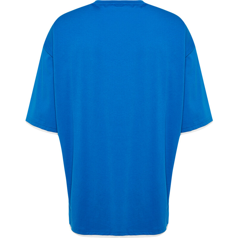 Trendyol Blue Oversize Pocket Color Block 100% Cotton T-Shirt