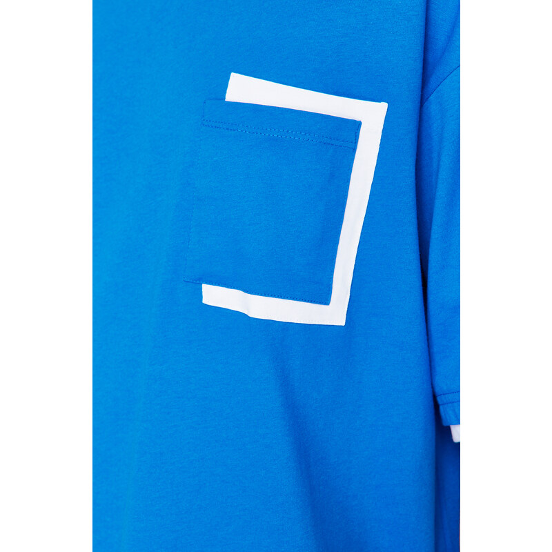 Trendyol Blue Oversize Pocket Color Block 100% Cotton T-Shirt