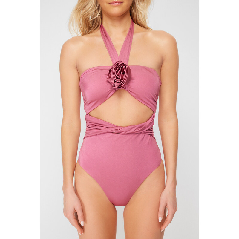 Trendyol Plum Strapless Floral Appliqued High Leg Regular Swimsuit