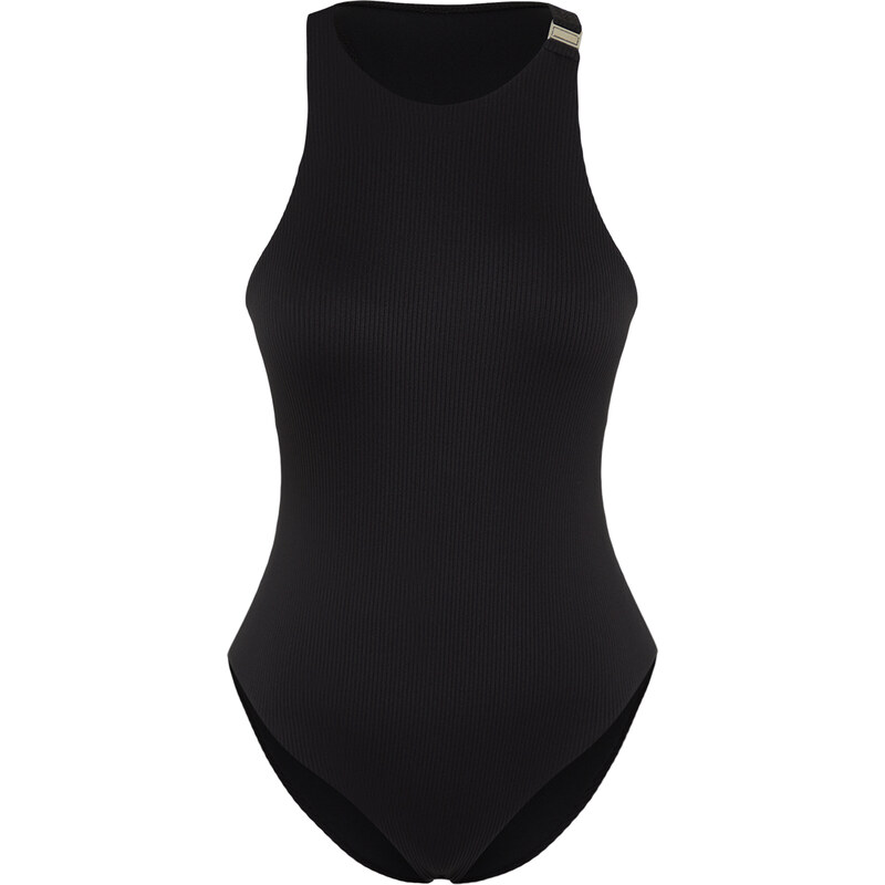 Trendyol Black Halter Neck Accessory Textured Regular Swimsuit