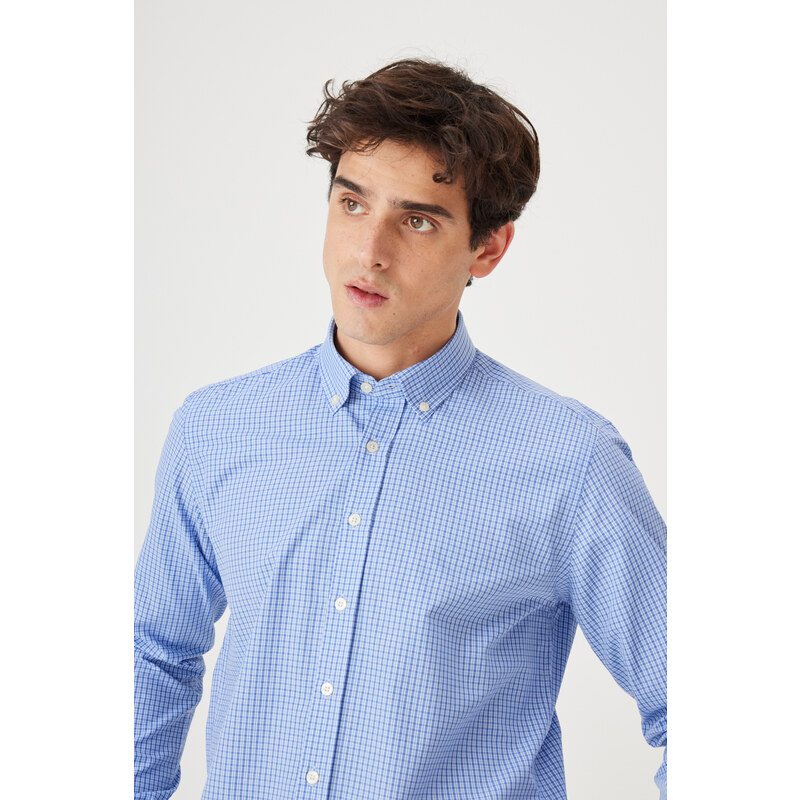 AC&Co / Altınyıldız Classics Men's Blue Slim Fit Slim Fit Button-down Collar Cotton Check Shirt