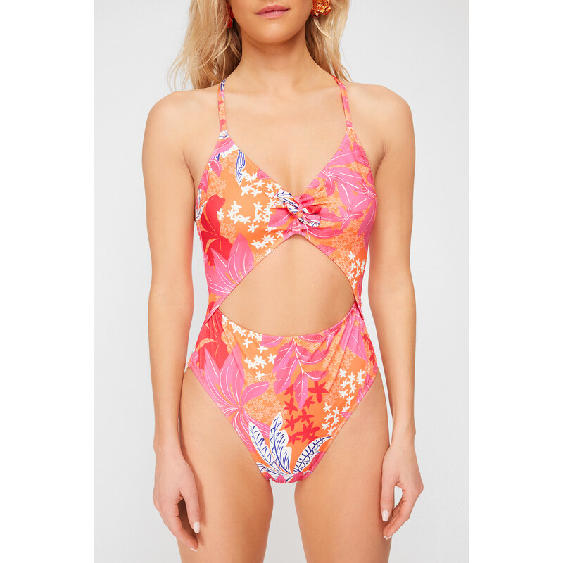 Trendyol Floral Patterned V-Neck Cut Out/Window Regular Swimsuit