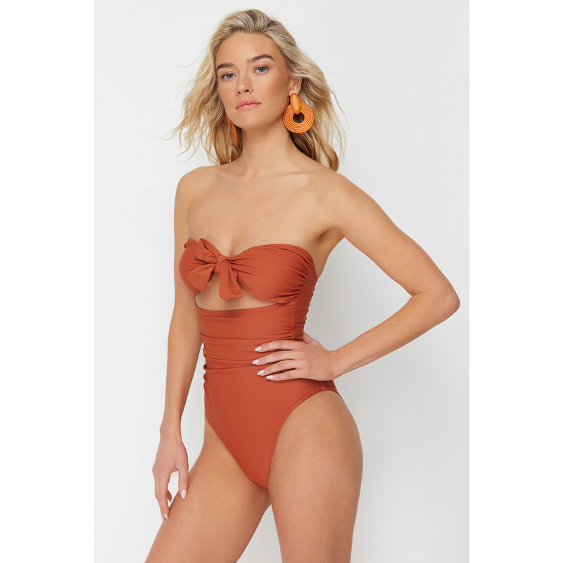 Trendyol Tile Strapless Cut Out/Windowed Hipster Swimsuit