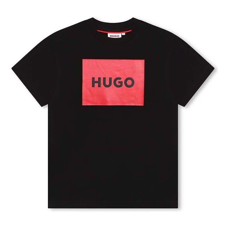 Dětské bavlněné tričko HUGO černá barva, s potiskem