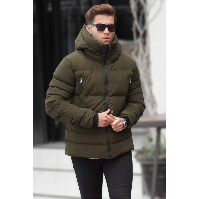 Madmext Khaki Men's High Neck Hooded Down Coat 6805