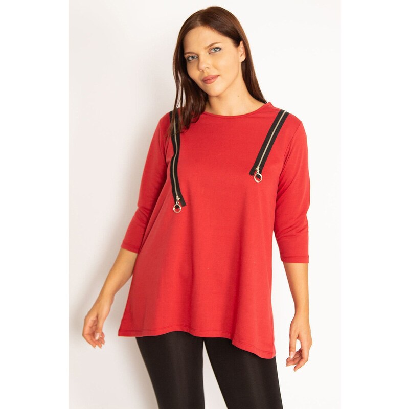 Şans Women's Plus Size Claret Red Ornamental Zippered Sweatshirt