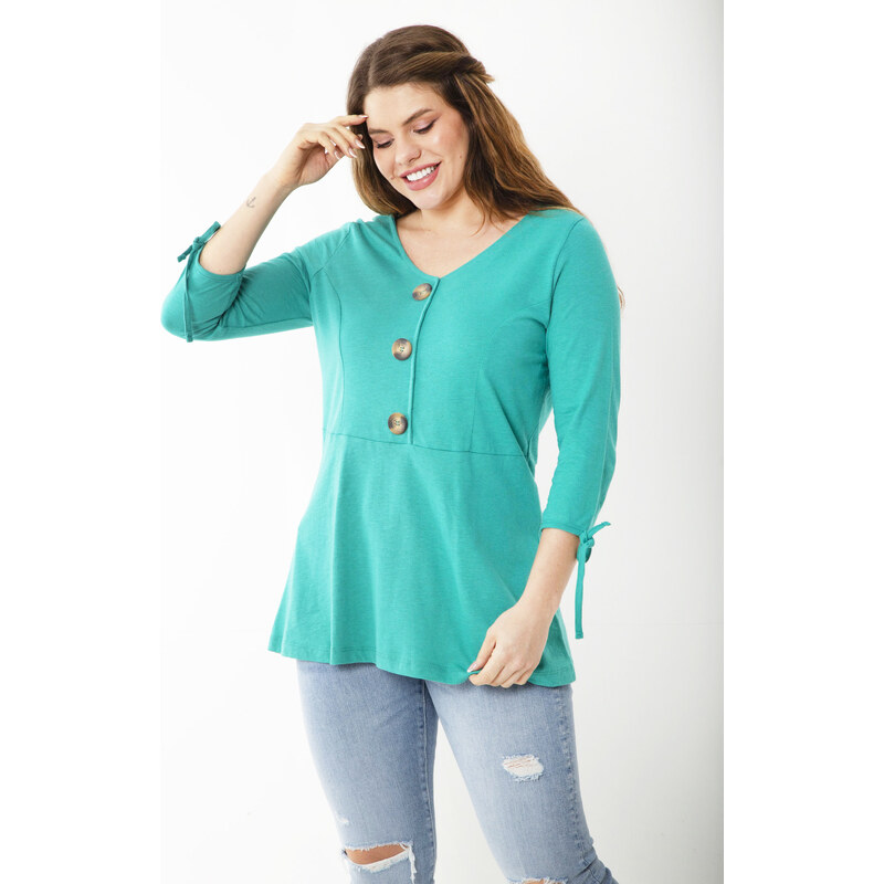 Şans Women's Plus Size Green Cotton Fabric Ornamental Buttoned Sleeve Laced Blouse