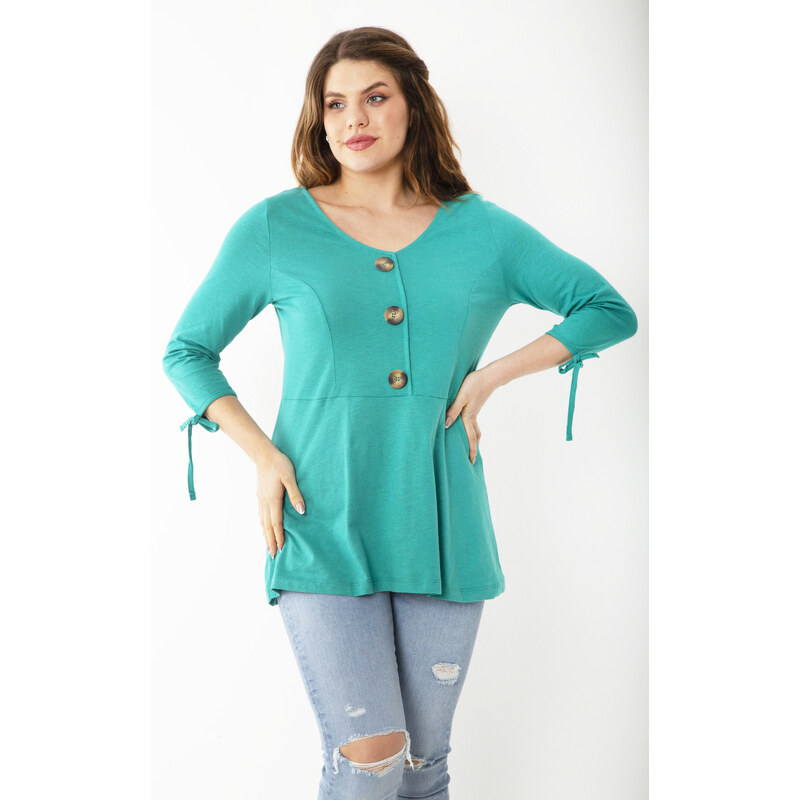 Şans Women's Plus Size Green Cotton Fabric Ornamental Buttoned Sleeve Laced Blouse