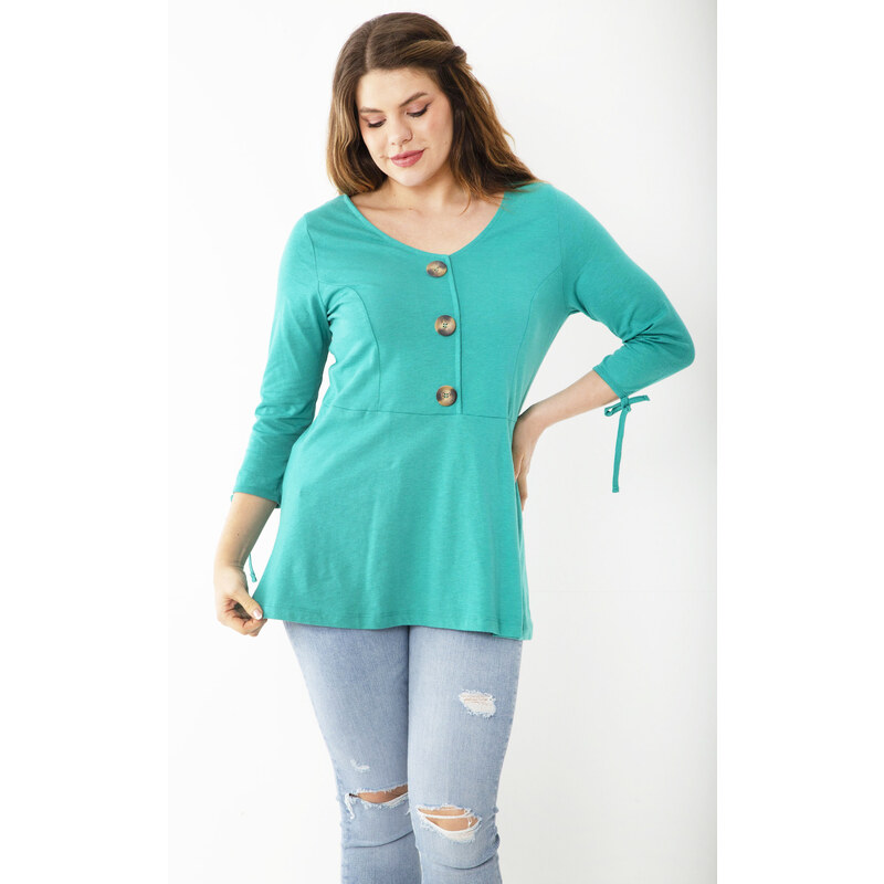 Şans Women's Plus Size Green Cotton Fabric Ornamental Buttoned Sleeve Laced Blouse