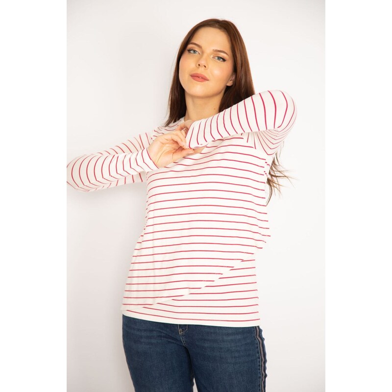 Şans Women's Plus Size Red Wrap Front Striped Blouse