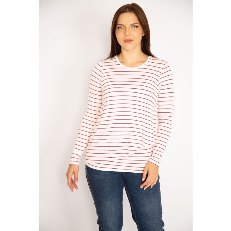 Şans Women's Plus Size Red Wrap Front Striped Blouse