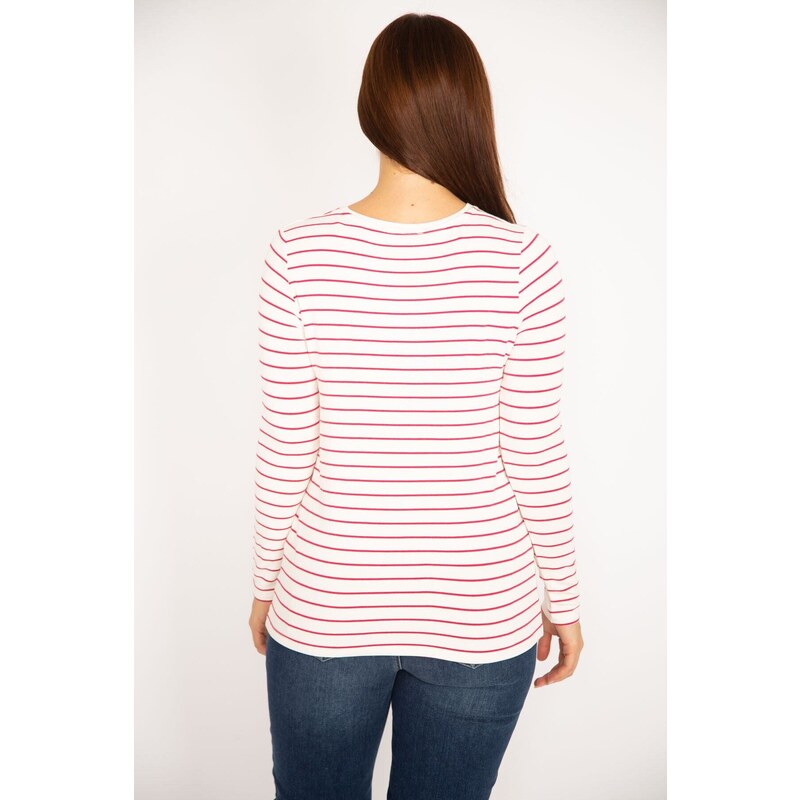 Şans Women's Plus Size Red Wrap Front Striped Blouse