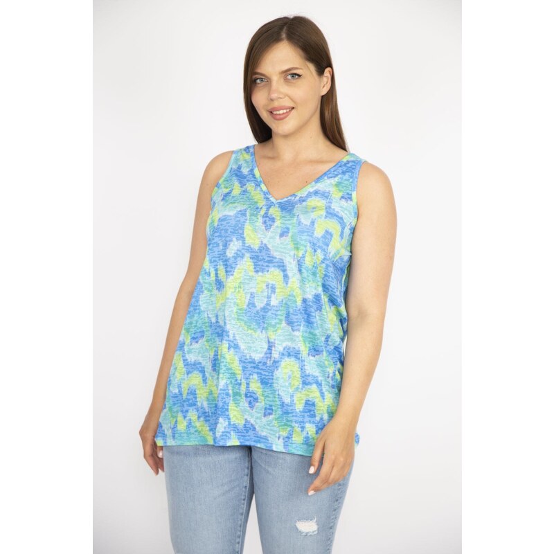 Şans Women's Colorful Plus Size V-Neck Colorful Sleeveless Blouse