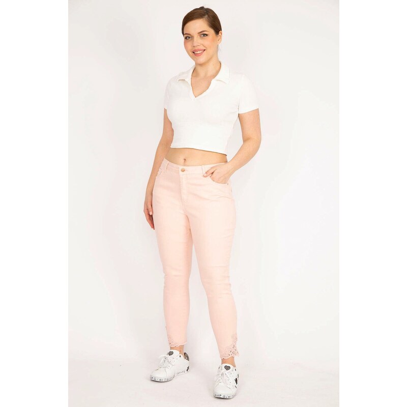 Şans Women's Pink Large Size Jeans with Lace Detail