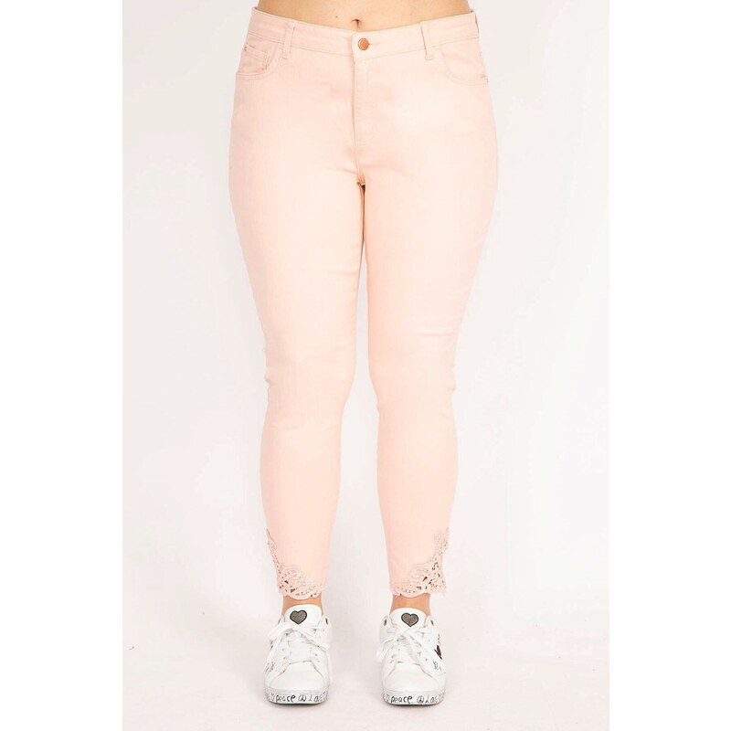 Şans Women's Pink Large Size Jeans with Lace Detail