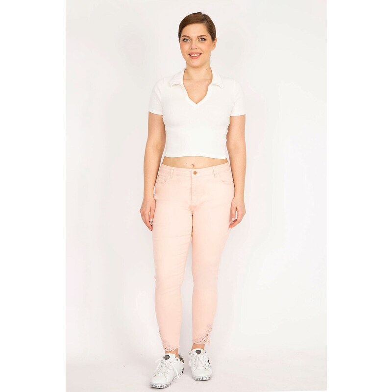 Şans Women's Pink Large Size Jeans with Lace Detail