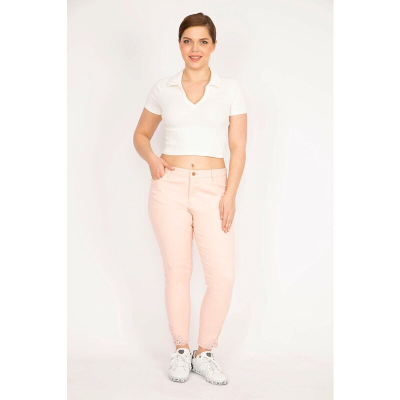 Şans Women's Pink Large Size Jeans with Lace Detail