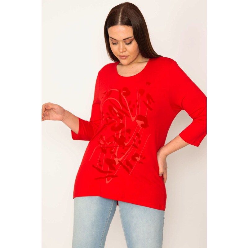 Şans Women's Plus Size Red Flocked Front Patterned Blouse