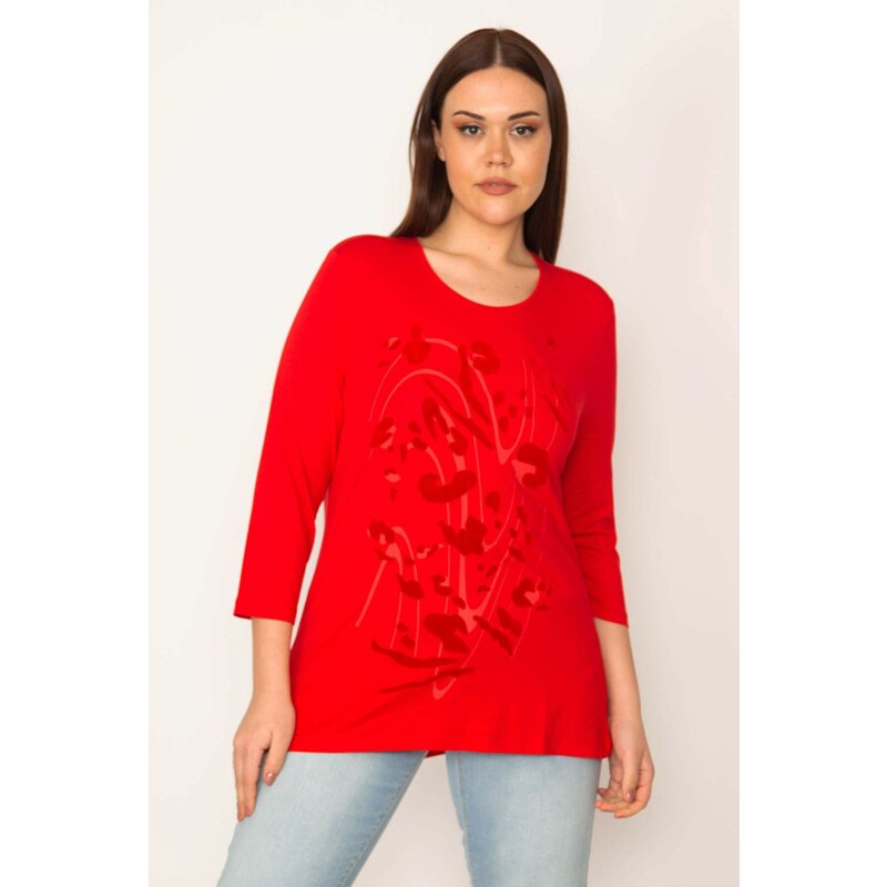 Şans Women's Plus Size Red Flocked Front Patterned Blouse