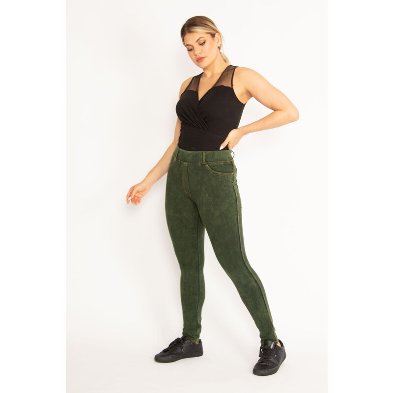 Şans Women's Plus Size Green Washed Effect Leggings With Front Pockets and Ornamental Pants