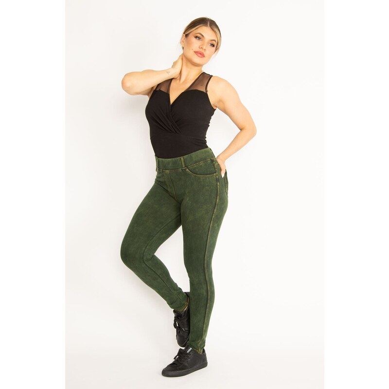 Şans Women's Plus Size Green Washed Effect Leggings With Front Pockets and Ornamental Pants