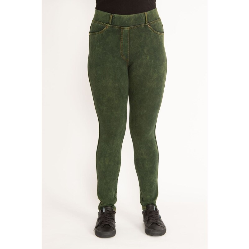 Şans Women's Plus Size Green Washed Effect Leggings With Front Pockets and Ornamental Pants